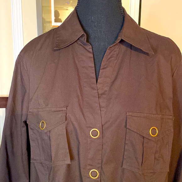 Y2K Bandolino stretch  brown jacket w/ antique brass snaps, belt loops (no belt) - Picture 4 of 12